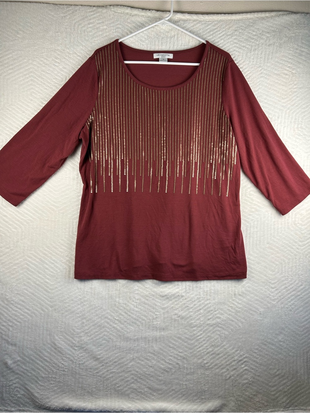Liz Claiborne Burgundy Long Sleeve Top with Gold Sequin Drip